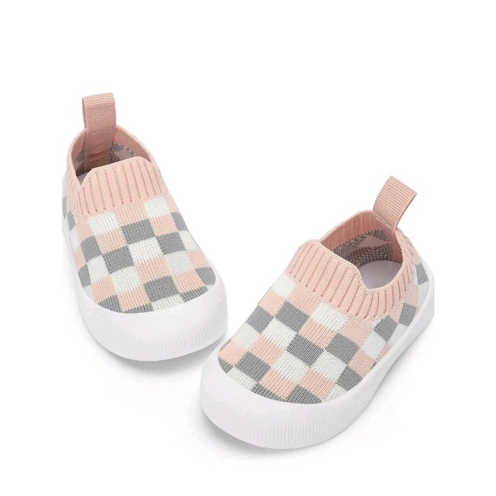 BACSAC Baby Toddler Sock Shoes Pink Checkered Slip On Walking Shoes Sz 13.5 s23